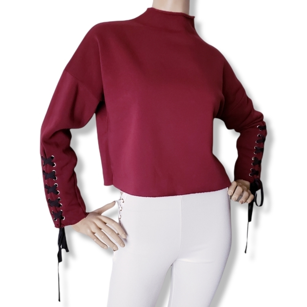 Heart & Hips Burgundy Lace Up Sleeve Mock Neck Sweater